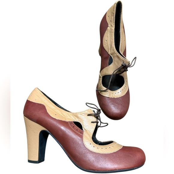Miz Mooz size 10 new condition worn once burgundy and Tan Chunky lace heels - Picture 1 of 14
